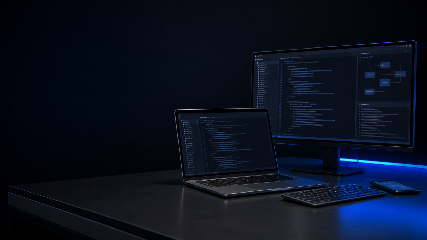 A laptop, desktop display, and mobile device in a dark software-development workspace