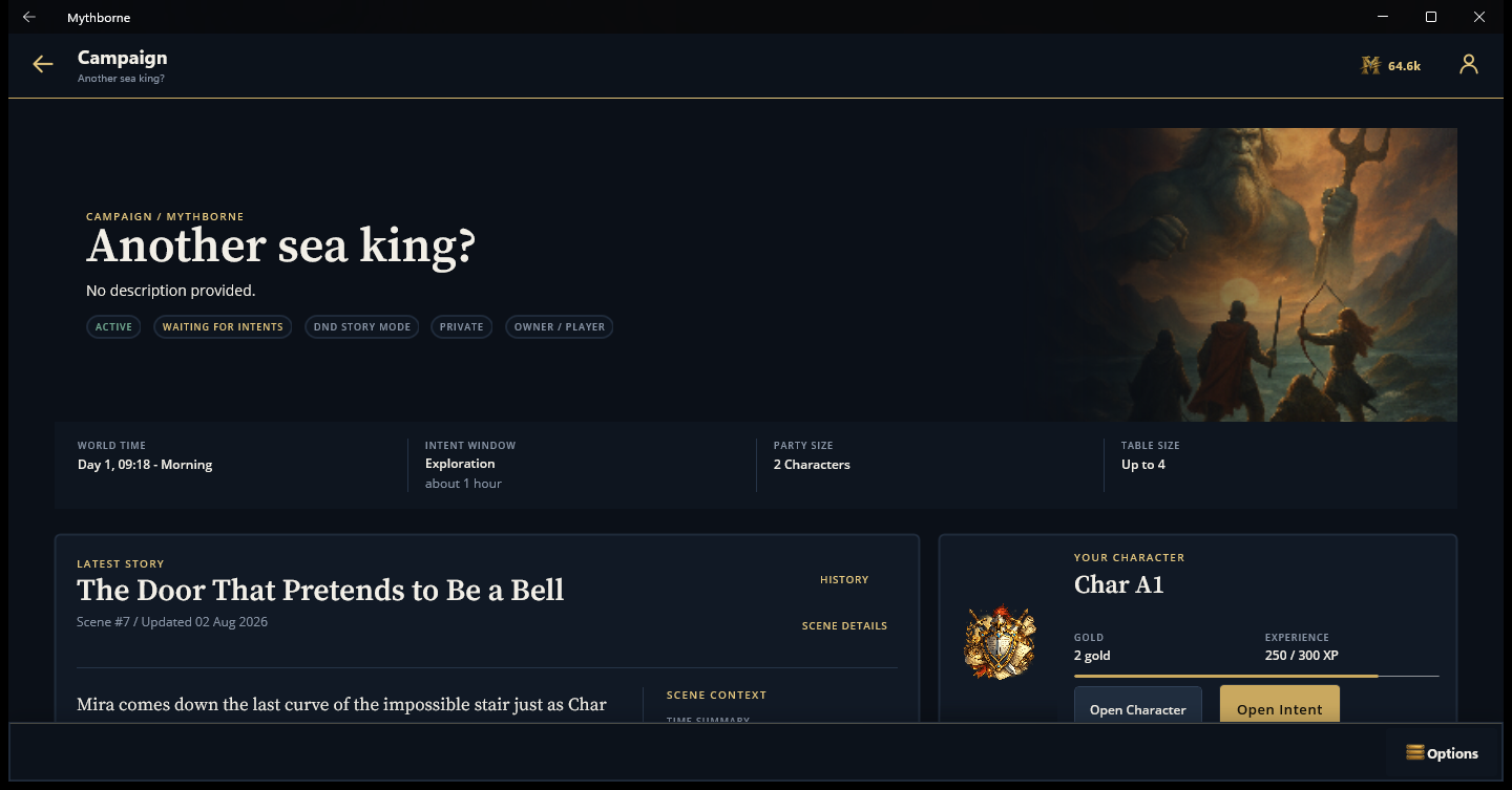 A Mythborne campaign page showing the latest scene and the player’s character