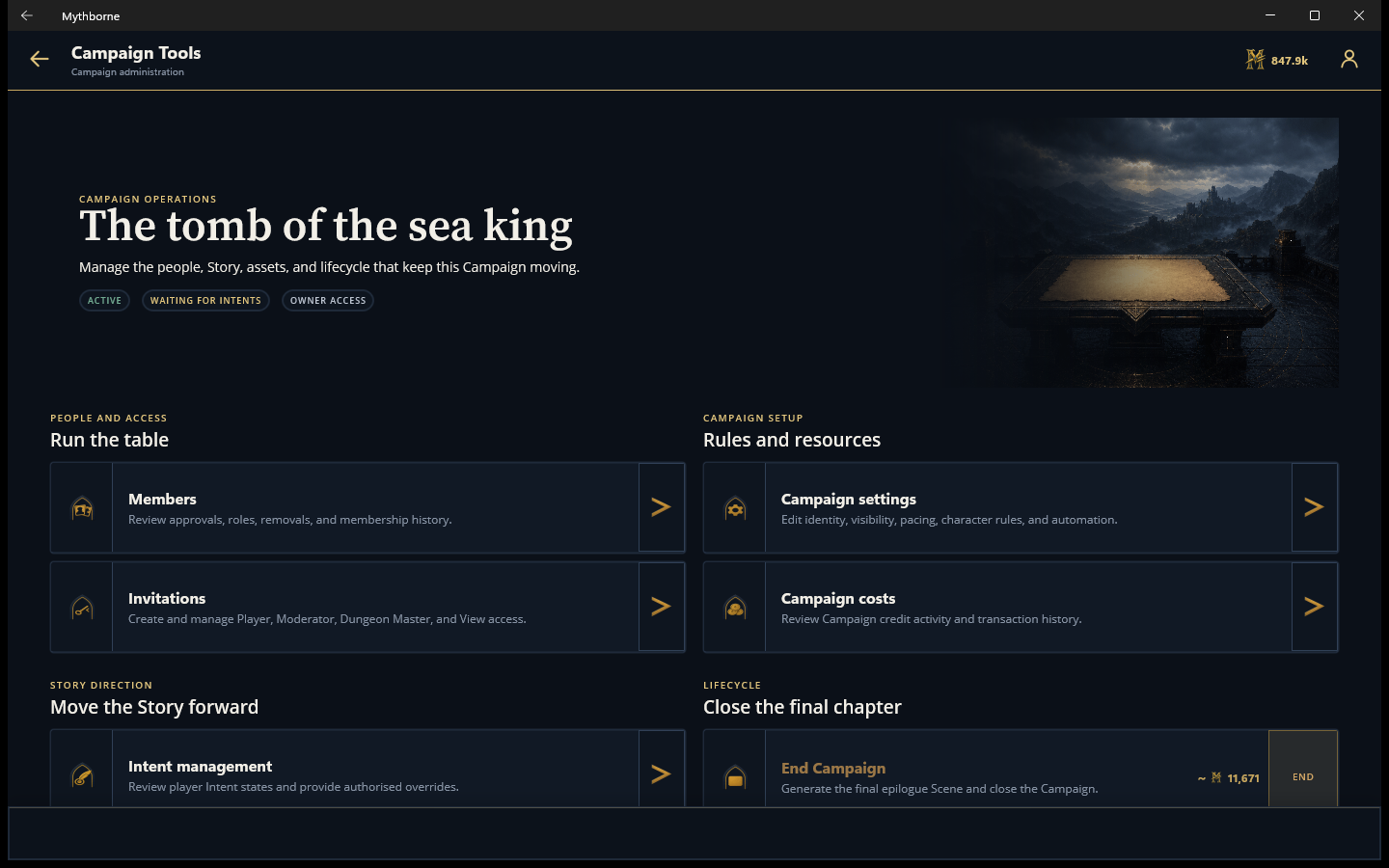Mythborne campaign tools for members, invitations, settings, and story management