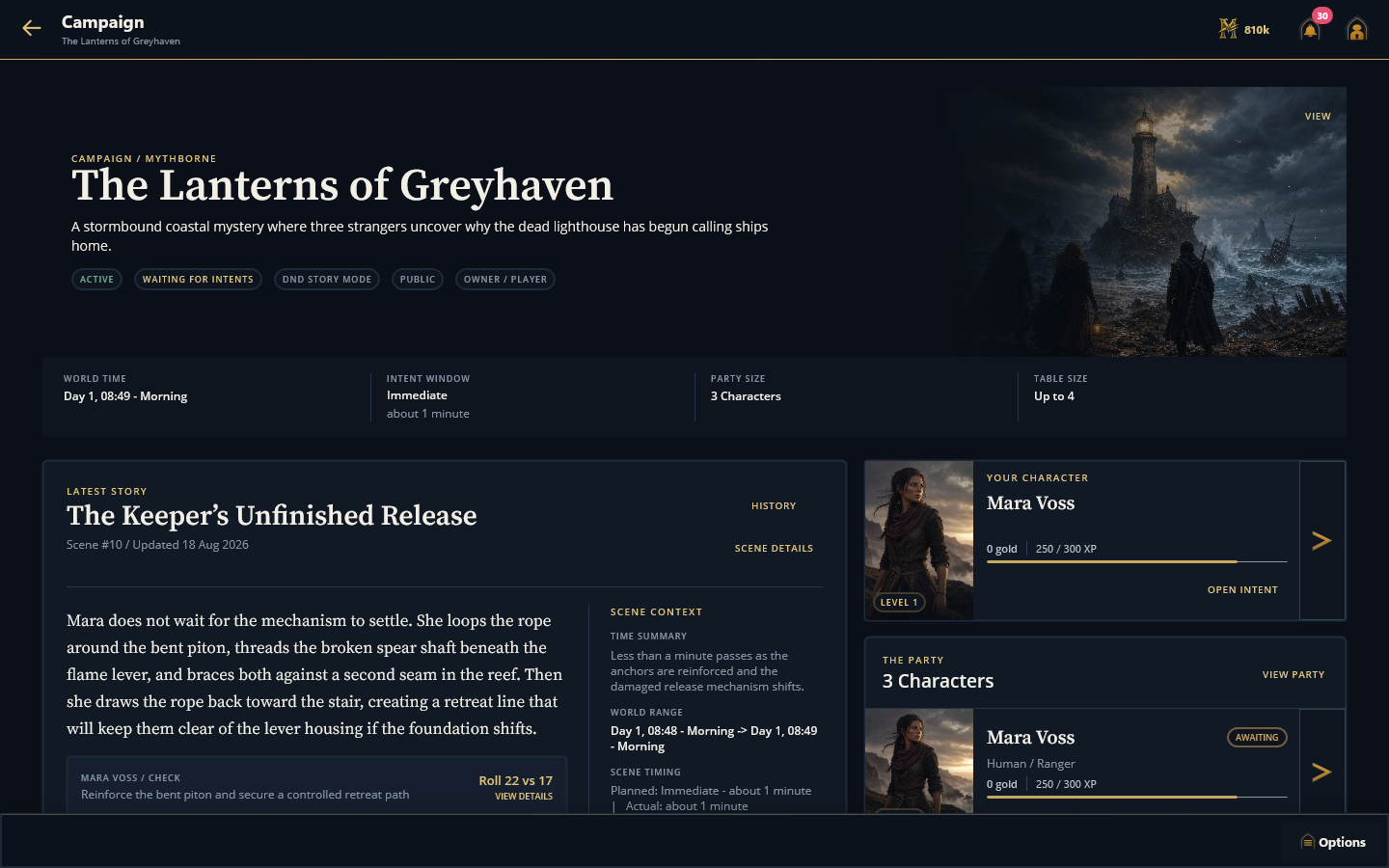 The Lanterns of Greyhaven campaign on desktop with its latest scene and party
