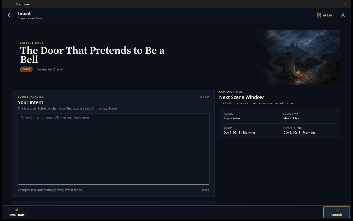 The Mythborne intent screen where a player describes what their character does next